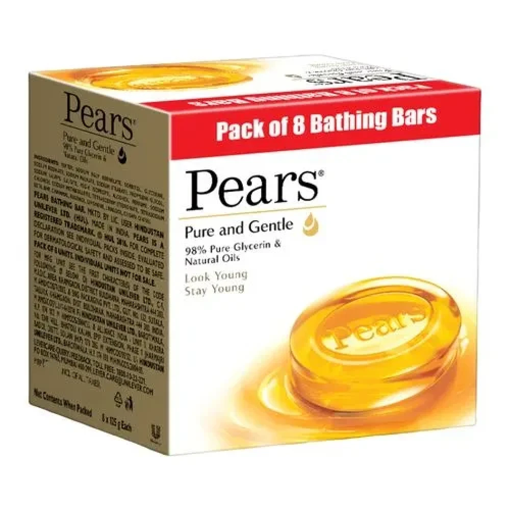 Pears Pure & Gentle Glycerin & Natural Oils Soap Bar 125 g (Pack of 8)