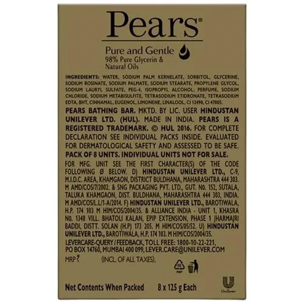 Pears Pure & Gentle Glycerin & Natural Oils Soap Bar 125 g (Pack of 8)