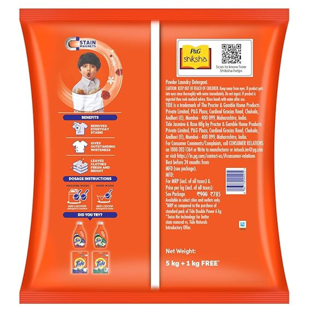 Tide Plus Double Power Detergent Washing Powder - 5 Kg + 1 Kg Free (Jasmine And Rose)