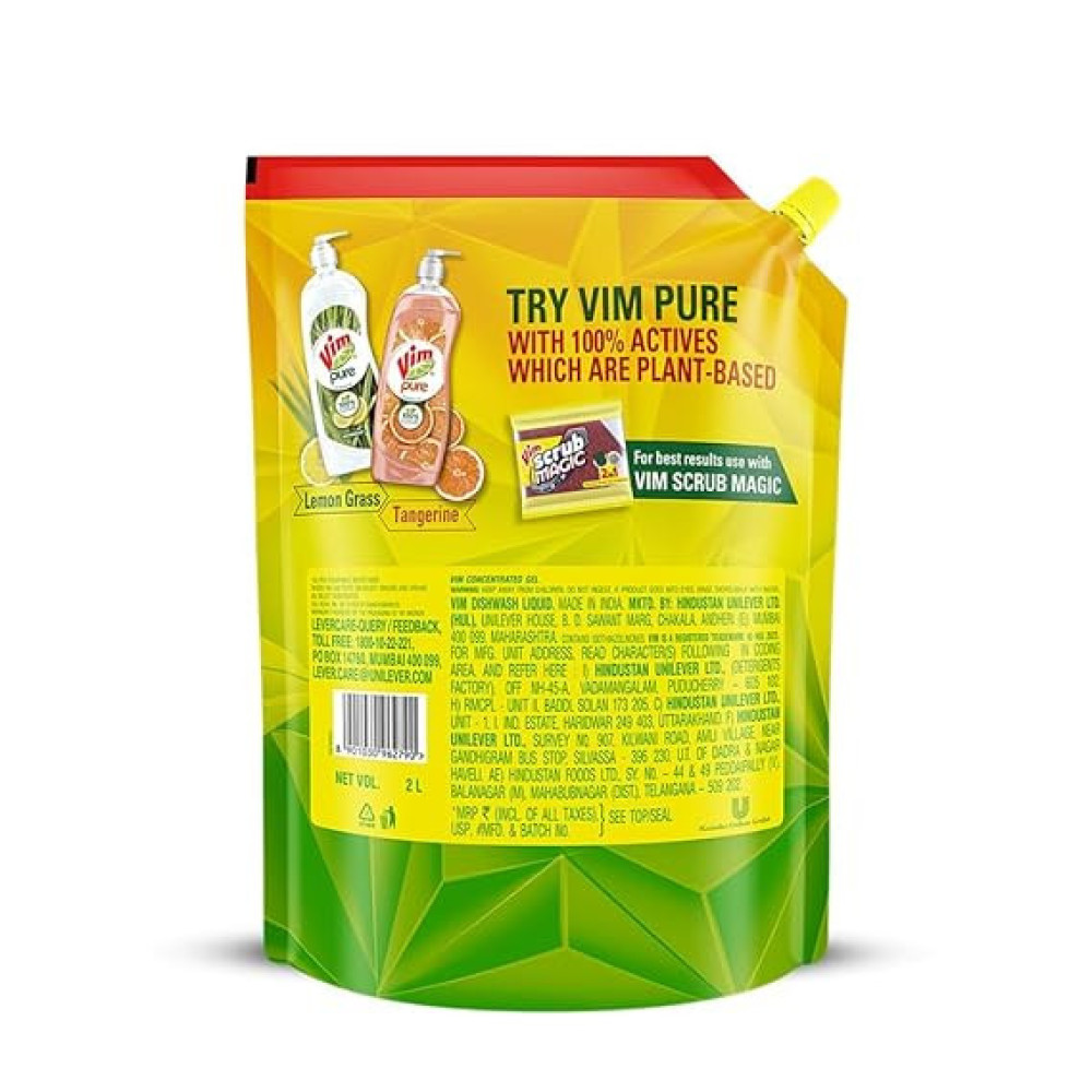 Vim Dishwash Liquid Gel Lemon Refill Pouch, 2 Ltr | Dishwash Gel