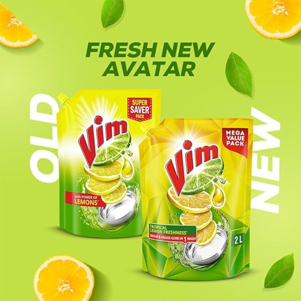 Vim Dishwash Liquid Gel Lemon Refill Pouch, 2 Ltr | Dishwash Gel