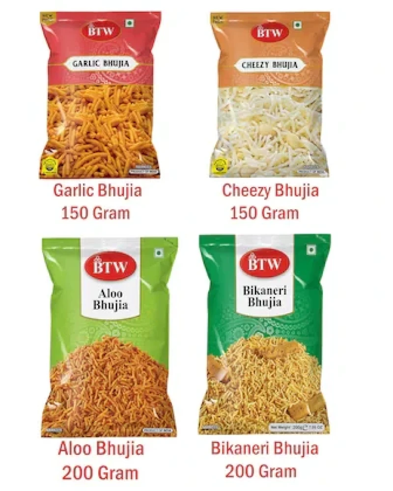 BTW Assorted Bhujia 700g (Garlic Bhujia 150g, Cheezy Bhujia 150g, Aloo Bhujia 200g, Bikaneri Bhujia 200g)
