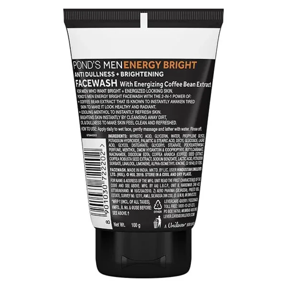Pond's Men Energy Bright Anti - Dullness Facewash With Coffee Bean 100 gm